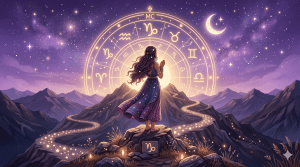 10th house profection year woman on mountain peak with zodiac wheel