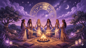 11th house profection year circle of women holding hands under a zodiac wheel sky
