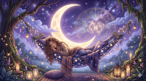 12th house profection year woman resting under a crescent moon with fading zodiac wheel