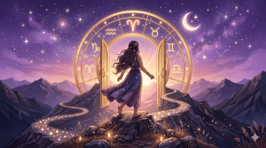1st house profection year woman stepping through a zodiac wheel doorway at sunrise