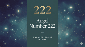 222 angel number meaning, gold 222 on a starry teal background