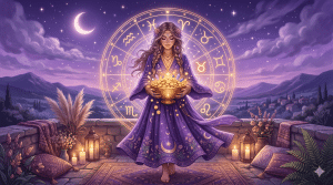 2nd house profection year woman holding a golden bowl of coins with zodiac wheel