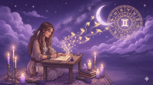 3rd house profection year woman writing letters that turn into golden birds