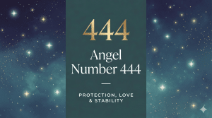 444 angel number meaning, gold 444 on a starry teal background