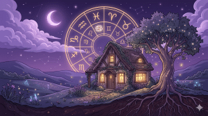 4th house profection year cozy cottage with glowing tree under a zodiac wheel sky