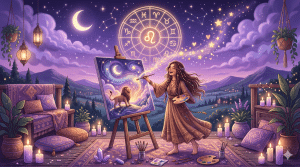 5th house profection year woman painting golden stars and hearts onto the night sky