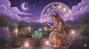 6th house profection year woman tending a moonlit herb garden with a cat