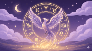 8th house profection year phoenix rising from golden embers under a zodiac wheel