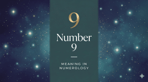 Number 9 meaning in numerology, gold 9 on a starry teal background