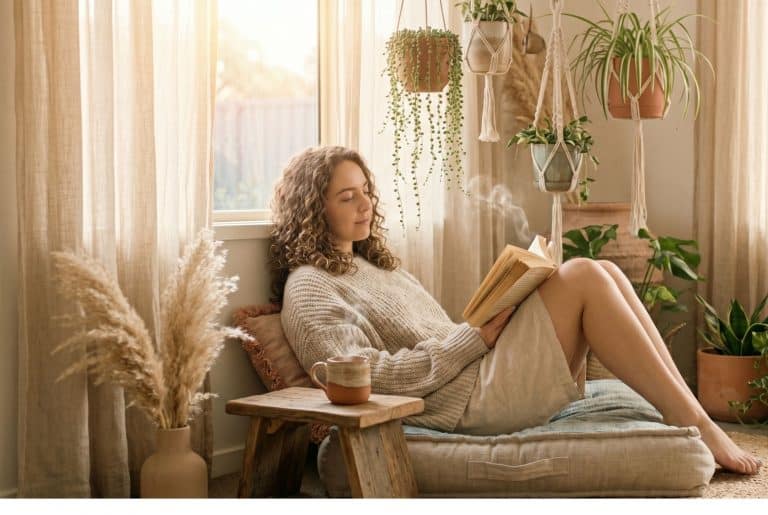Young woman relaxing in a sunlit boho nook, easing stress and burnout with Reiki