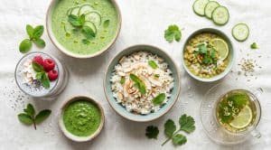 Cooling Pitta recipes spread: cucumber mint soup, coconut rice, chia pudding, fennel tea, cilantro chutney and coconut dal
