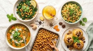 Six light and energizing Kapha recipes on a cream linen background, Ayurveda dosha