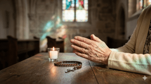 hands folded in prayer with rosary and candle representing reiki and catholicism