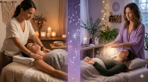 reiki vs massage comparison showing massage hands and reiki energy hands side by side