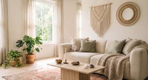 Sunlit boho living room with rising smoke, a home cleansed with Reiki