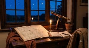 Star atlas open to the Gemini constellation with a telescope at dusk, symbolizing the Uranus in Gemini transit