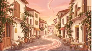 Romantic warm city scene with a rose gold line of light running through it representing a Venus line