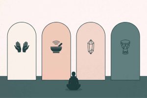 Illustration of four arched doorways showing hands, a singing bowl, a crystal and a drum, with a seated figure choosing between them