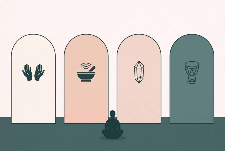 Illustration of four arched doorways showing hands, a singing bowl, a crystal and a drum, with a seated figure choosing between them