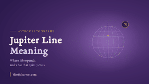 Deep purple graphic with a wireframe globe and a gold Jupiter line running through it, titled Jupiter Line Meaning