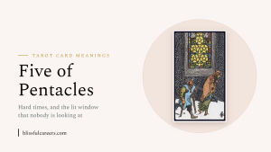 Five of Pentacles tarot card meaning, the card shown on a warm cream background