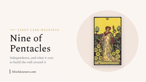 Nine of Pentacles tarot card meaning, the card shown on a warm cream background