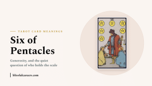 Six of Pentacles tarot card from the Rider Waite deck, a merchant weighing coins on a balanced scale between two kneeling figures