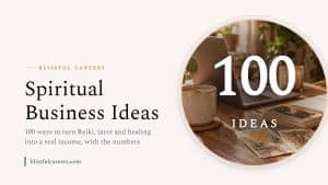 A spiritual business desk with a laptop, tarot cards and crystals, 100 ideas